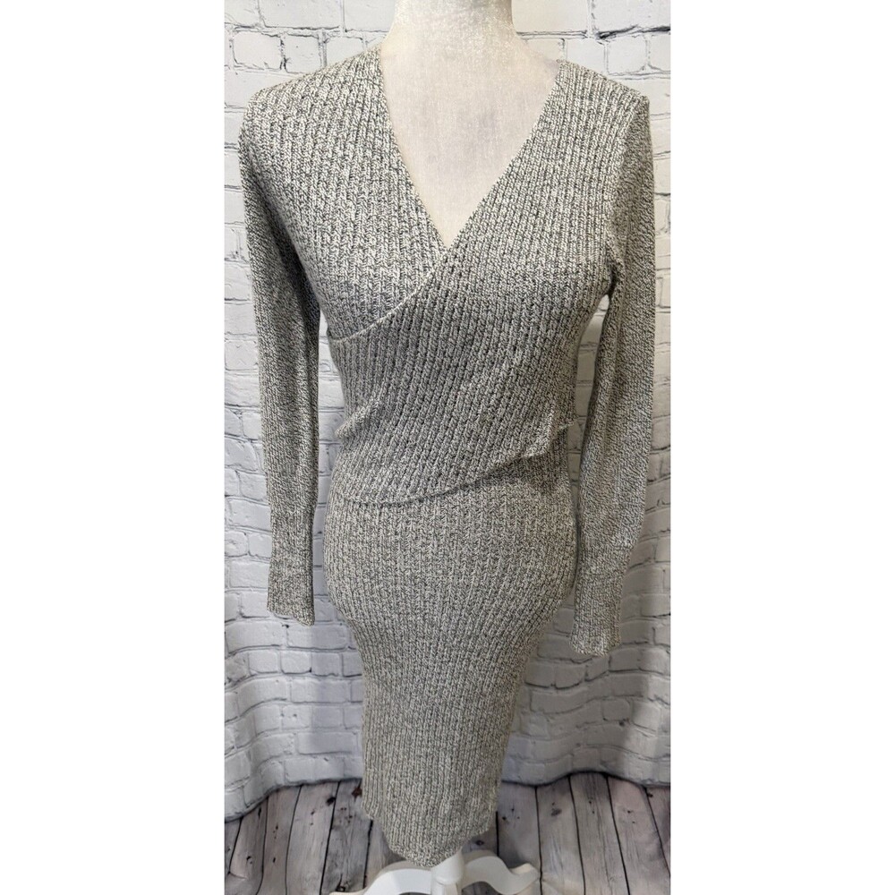 Lulus Crossover V-Neck Bodycon Marled Knit Sweater Dress Stretch Midi Women's M